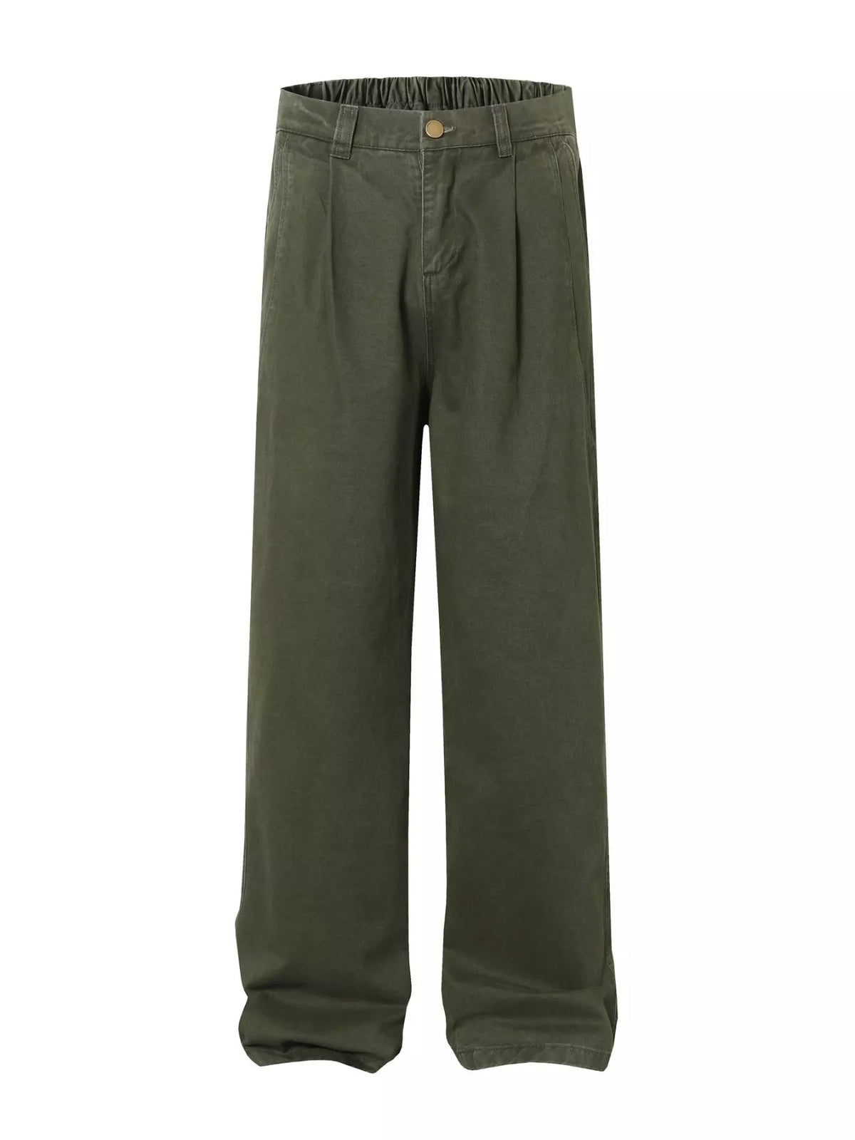 Men's army green pleated wide-leg pants with an elastic waistband.