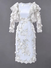 White plus size floral embroidered sheer ruffle sleeve midi dress shown flat front