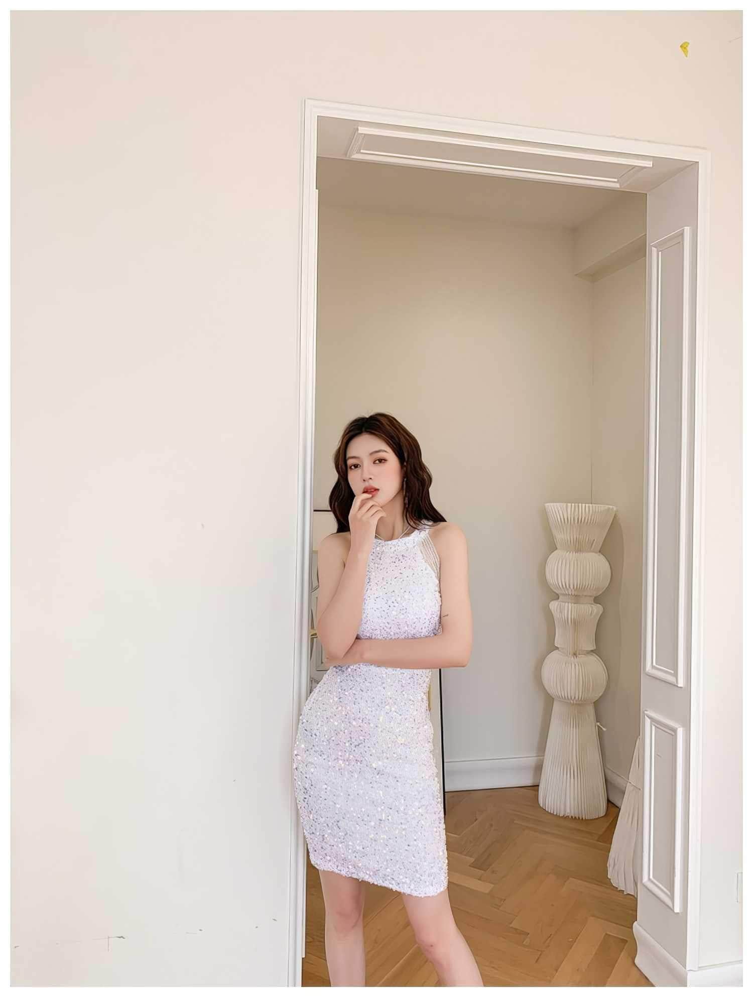 Bead Adorned Halter Bodycon Sequin Dress