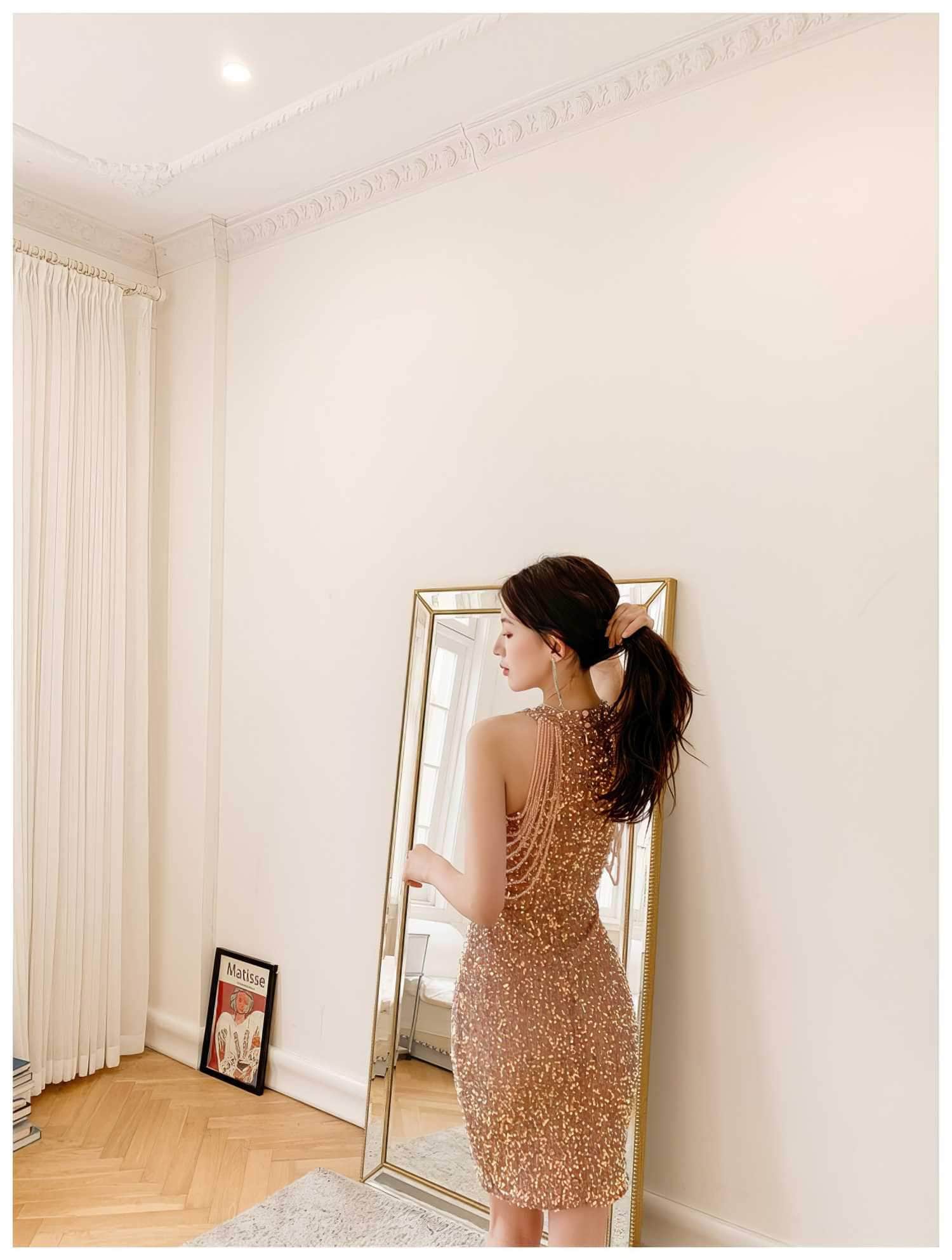 Bead Adorned Halter Bodycon Sequin Dress