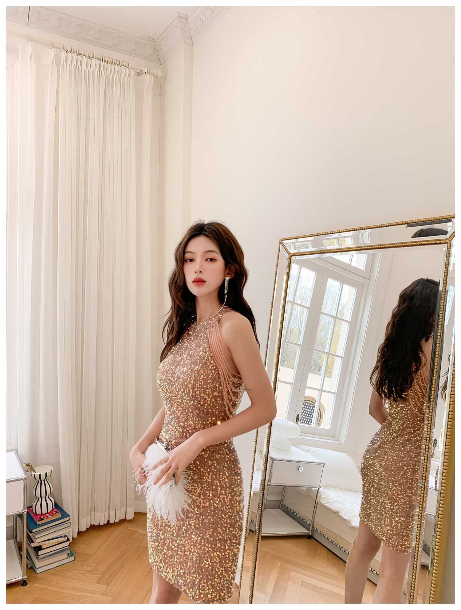 Bead Adorned Halter Bodycon Sequin Dress
