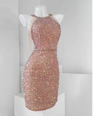Bead Adorned Halter Bodycon Sequin Dress