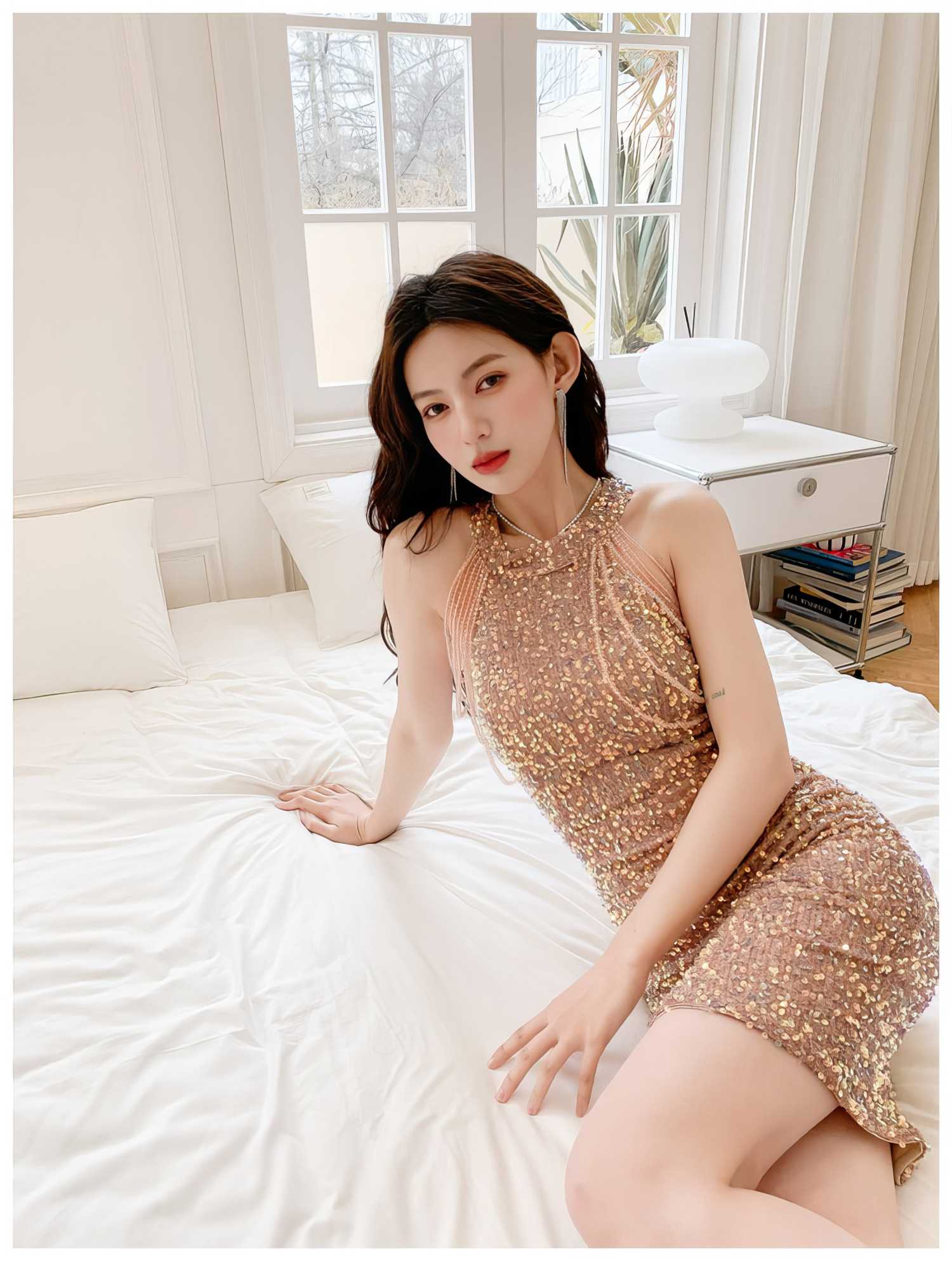 Bead Adorned Halter Bodycon Sequin Dress