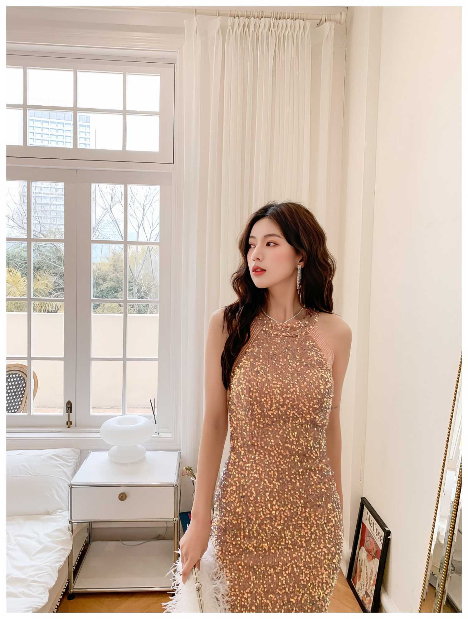 Bead Adorned Halter Bodycon Sequin Dress