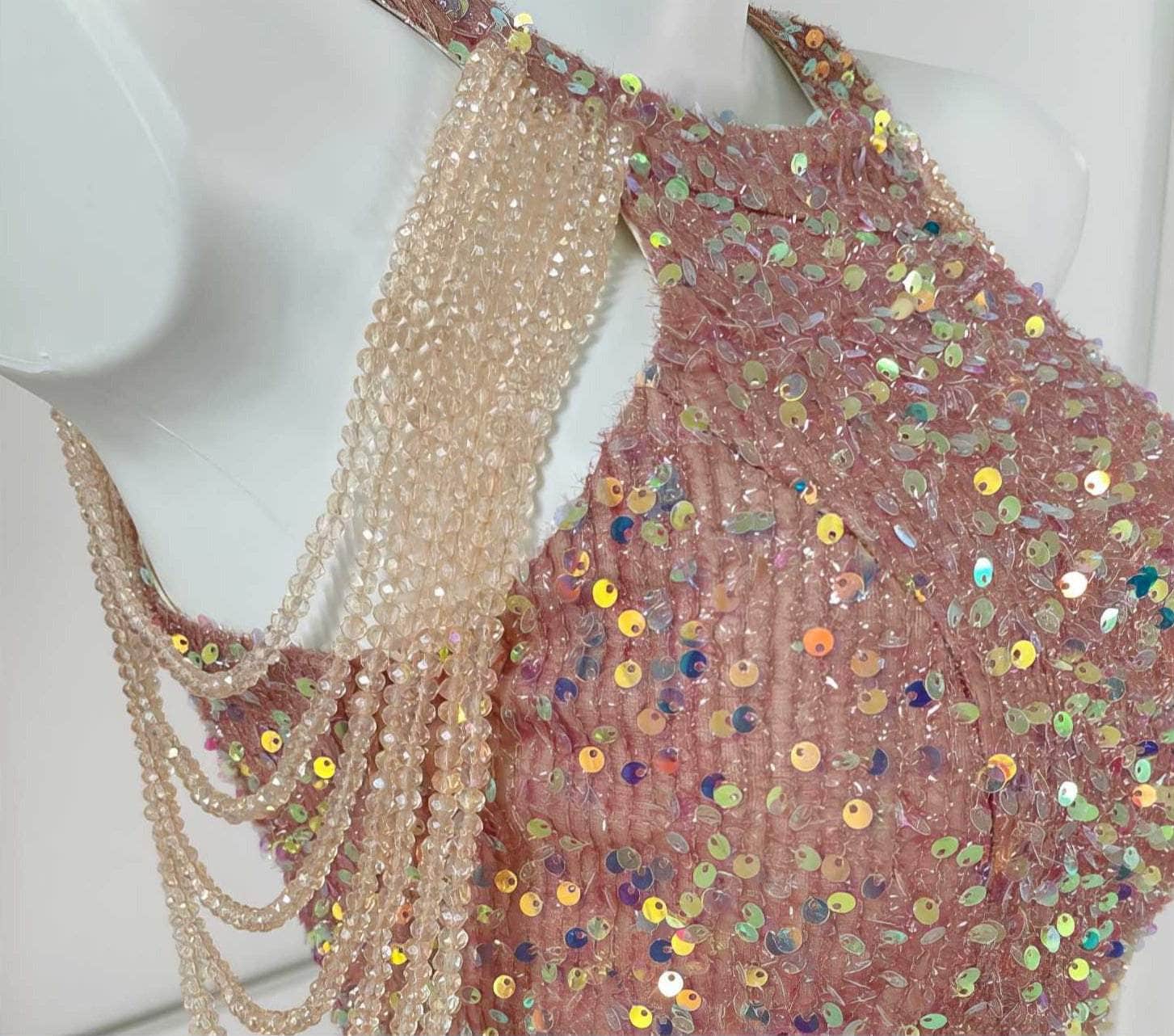 Bead Adorned Halter Bodycon Sequin Dress