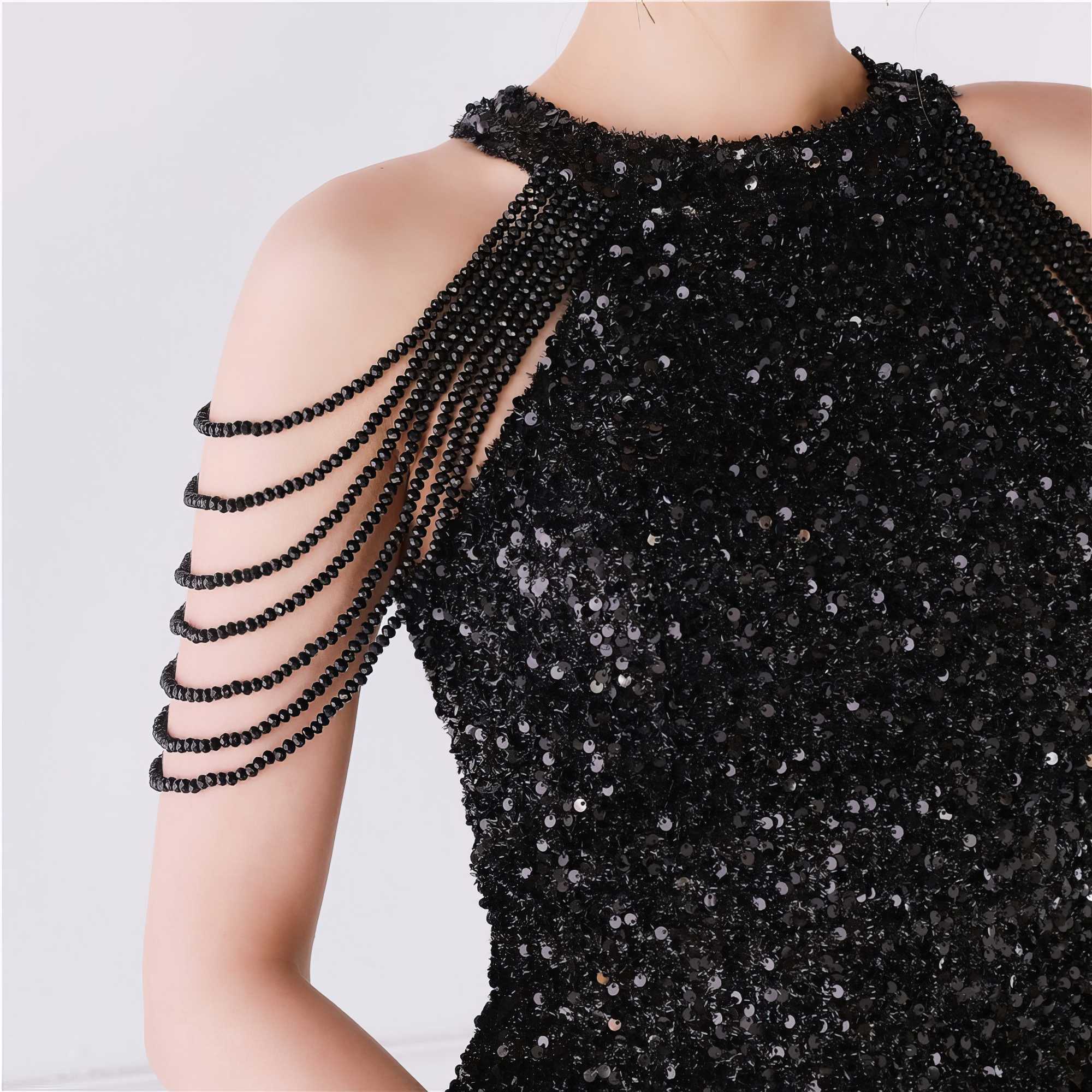 Bead Adorned Halter Bodycon Sequin Dress S / Black