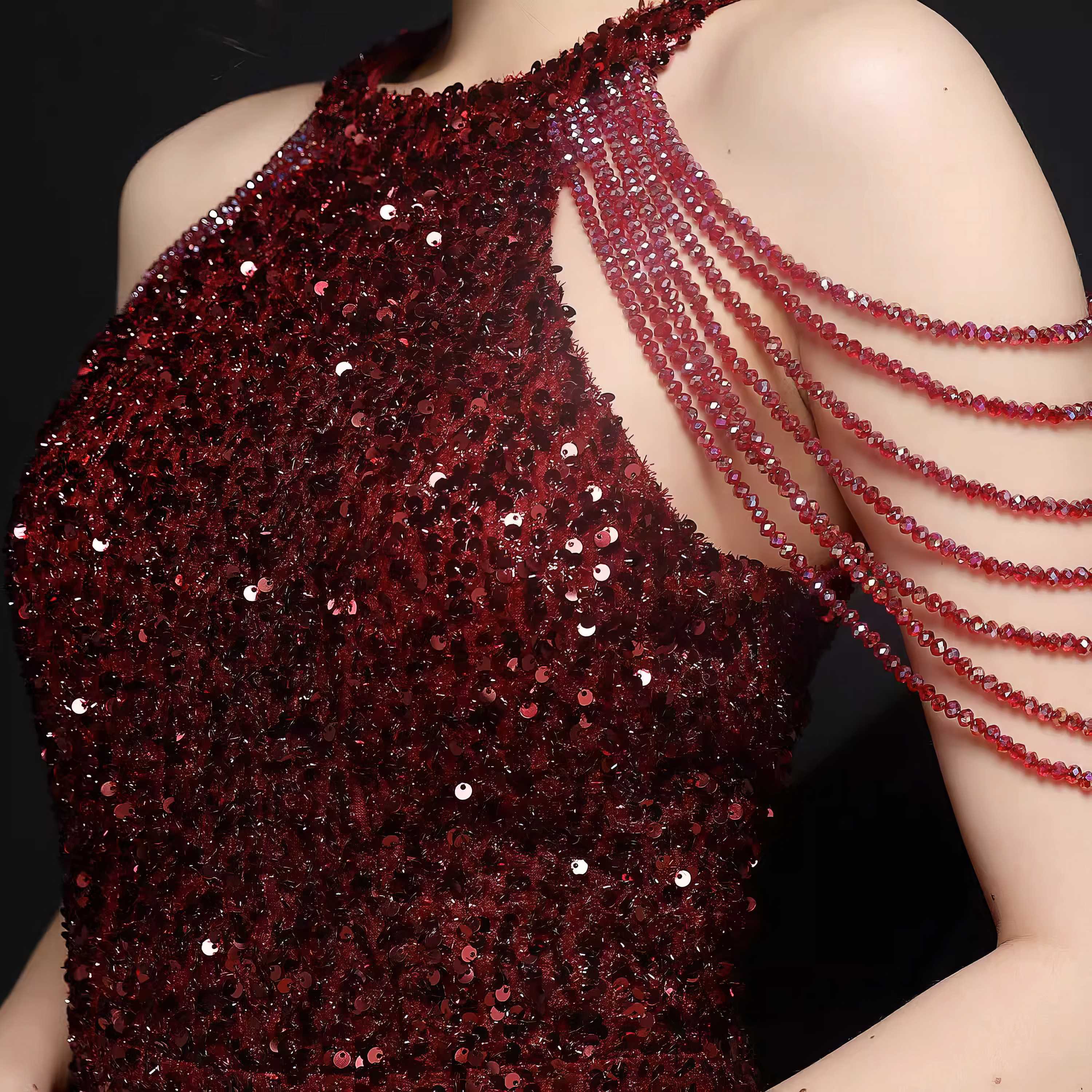 Bead Adorned Halter Bodycon Sequin Dress S / Maroon