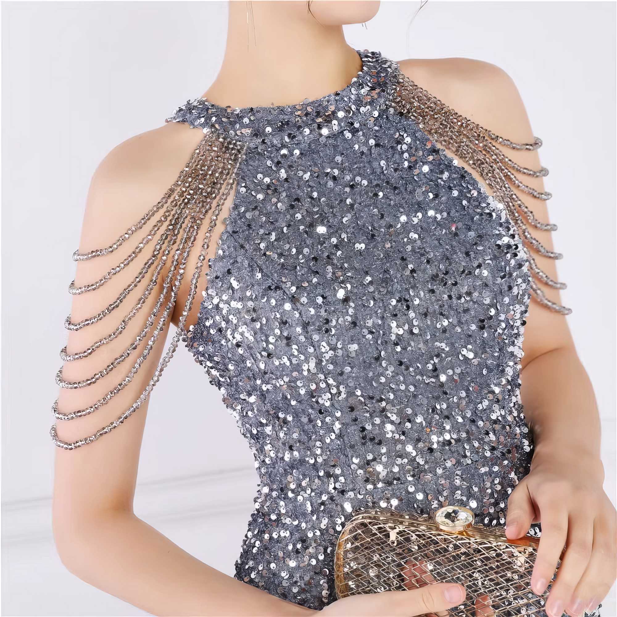 Bead Adorned Halter Bodycon Sequin Dress S / Silver