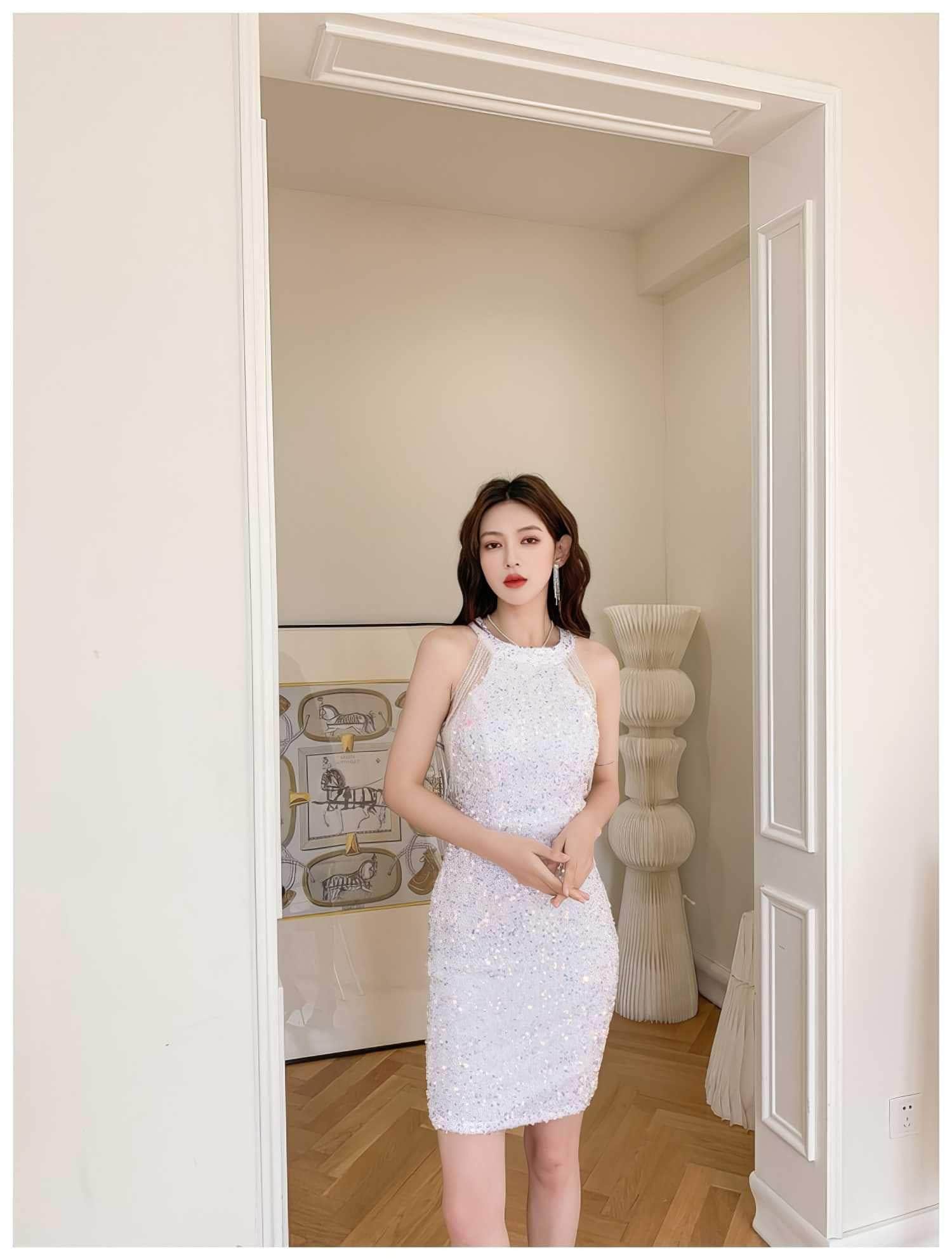 Bead Adorned Halter Bodycon Sequin Dress S / White