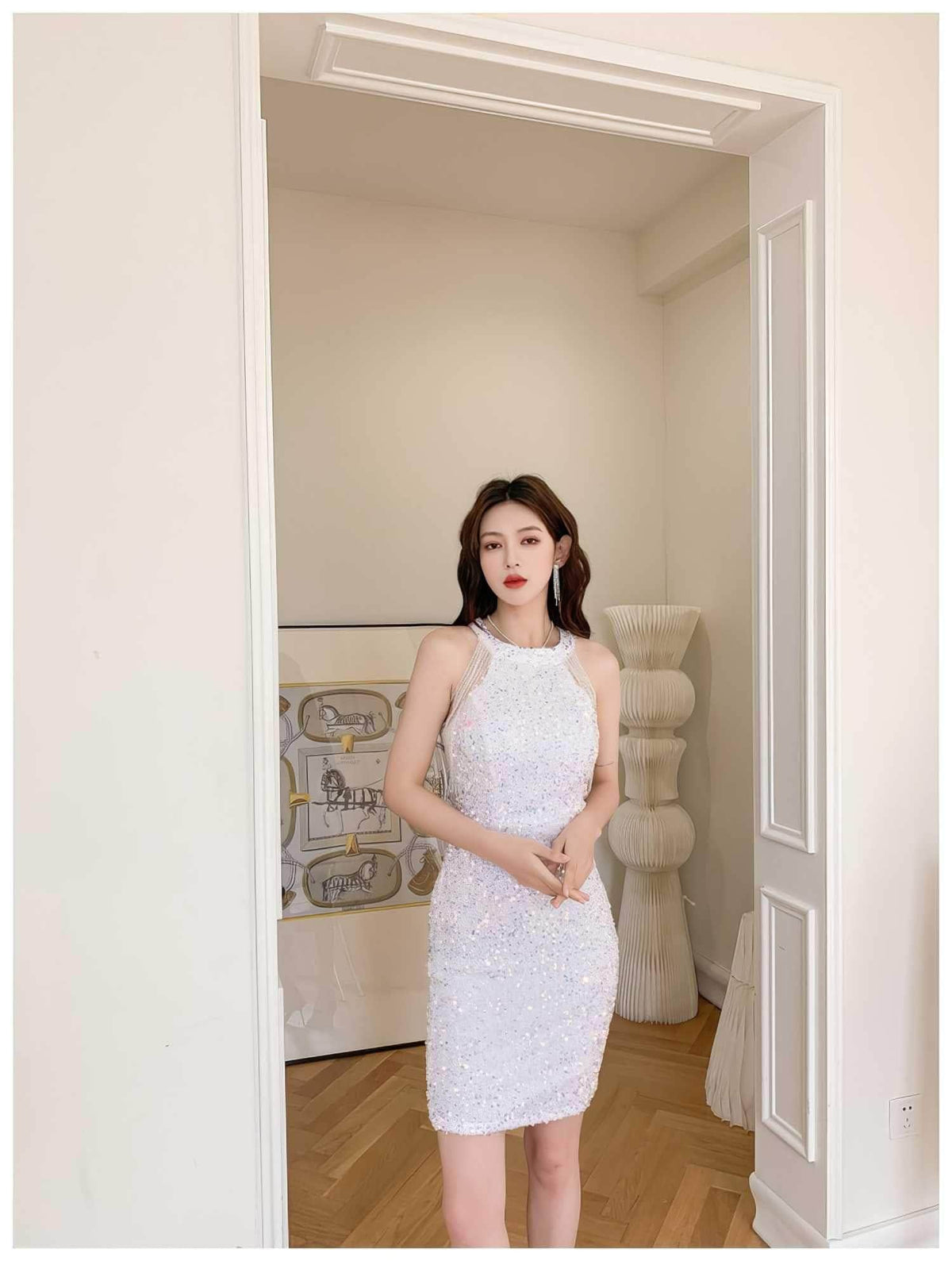 Bead Adorned Halter Bodycon Sequin Dress S / White