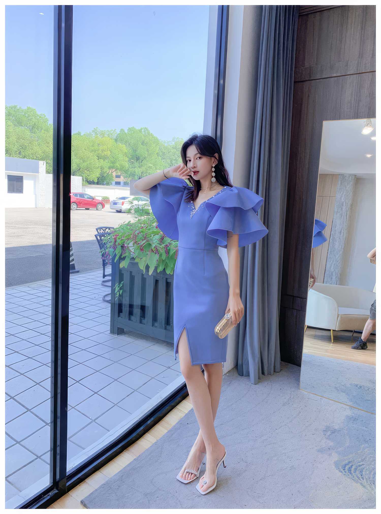 Bead-Embellished Butterfly Sleeve Split Thigh Dress