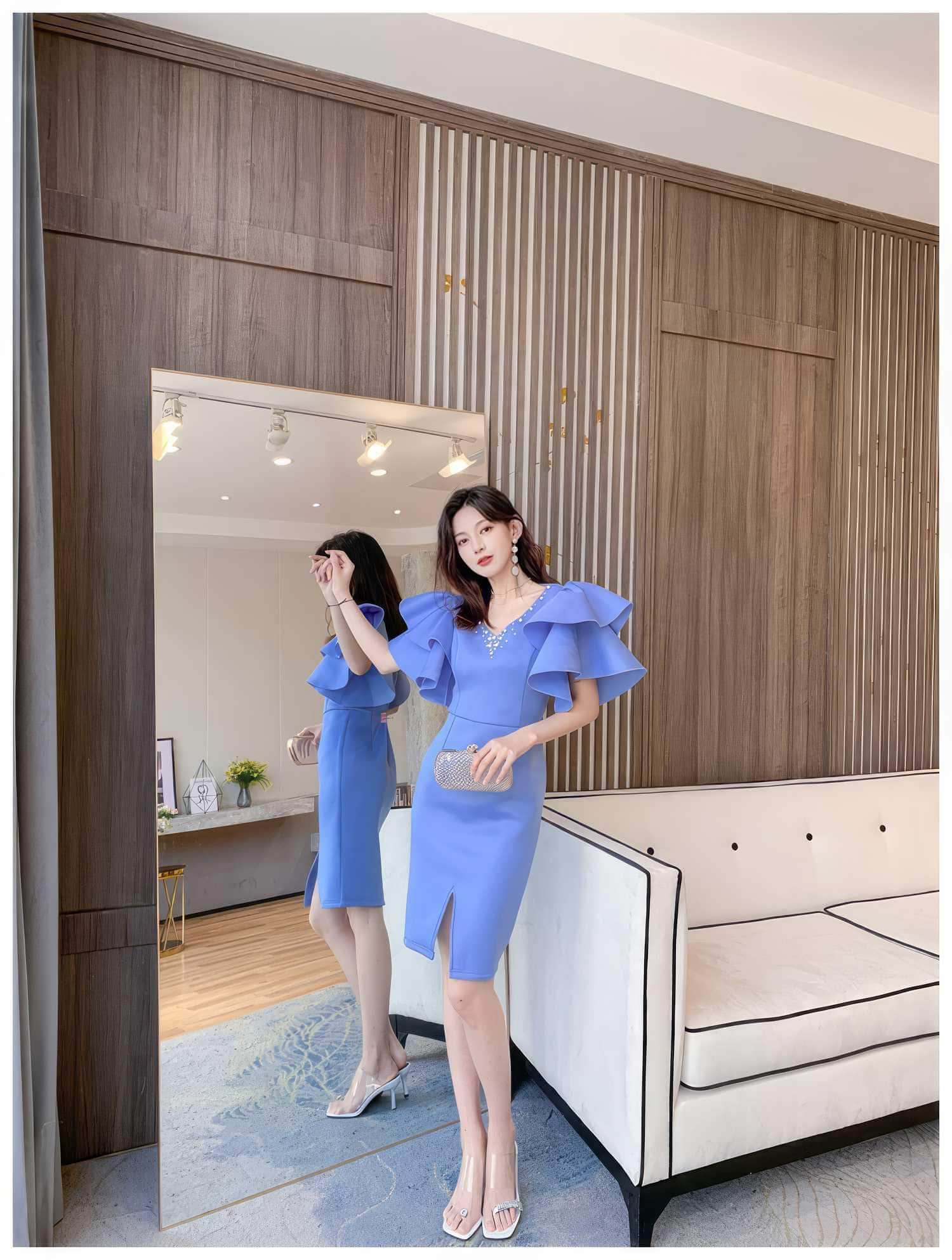 Bead-Embellished Butterfly Sleeve Split Thigh Dress