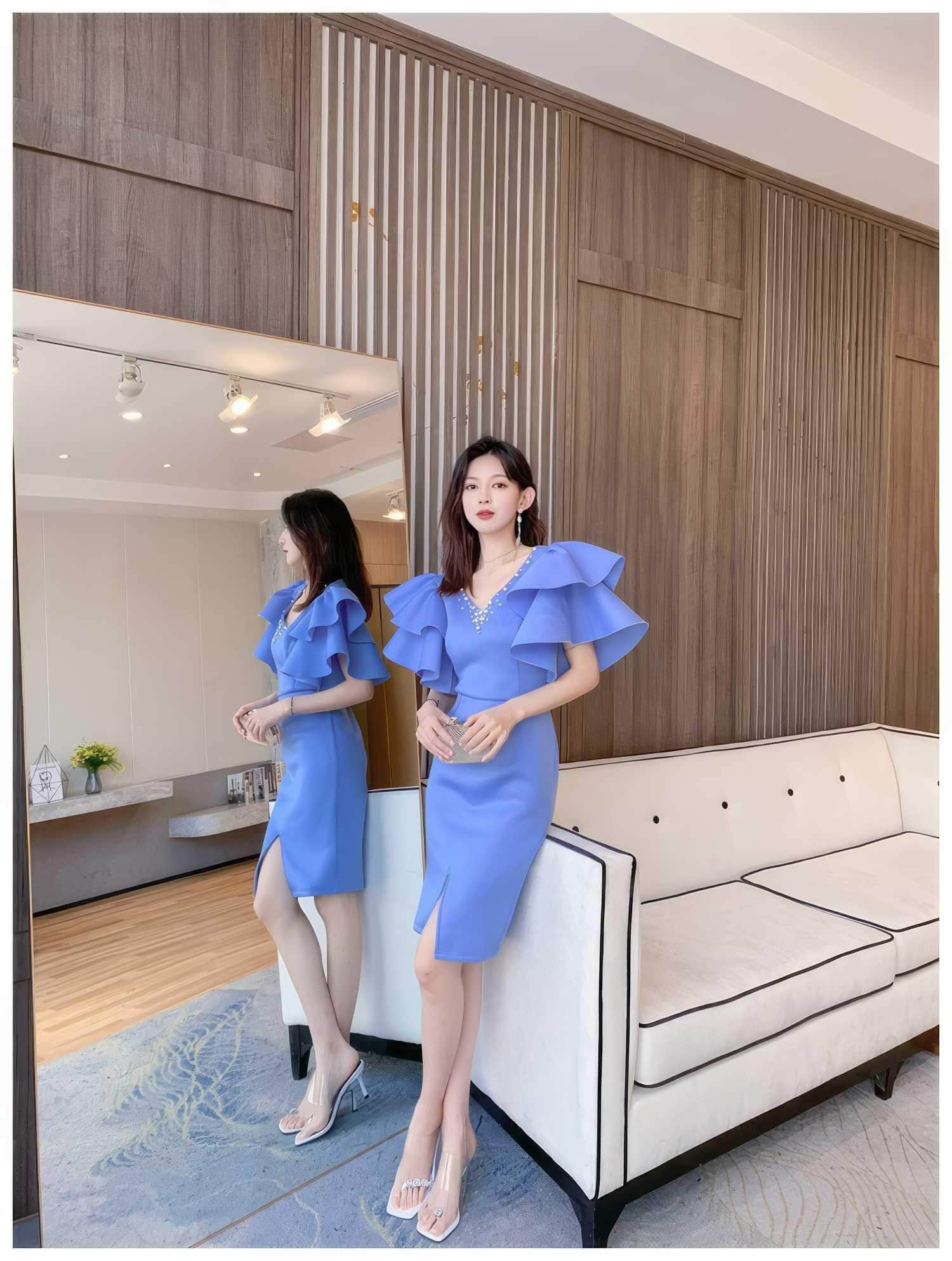 Bead-Embellished Butterfly Sleeve Split Thigh Dress