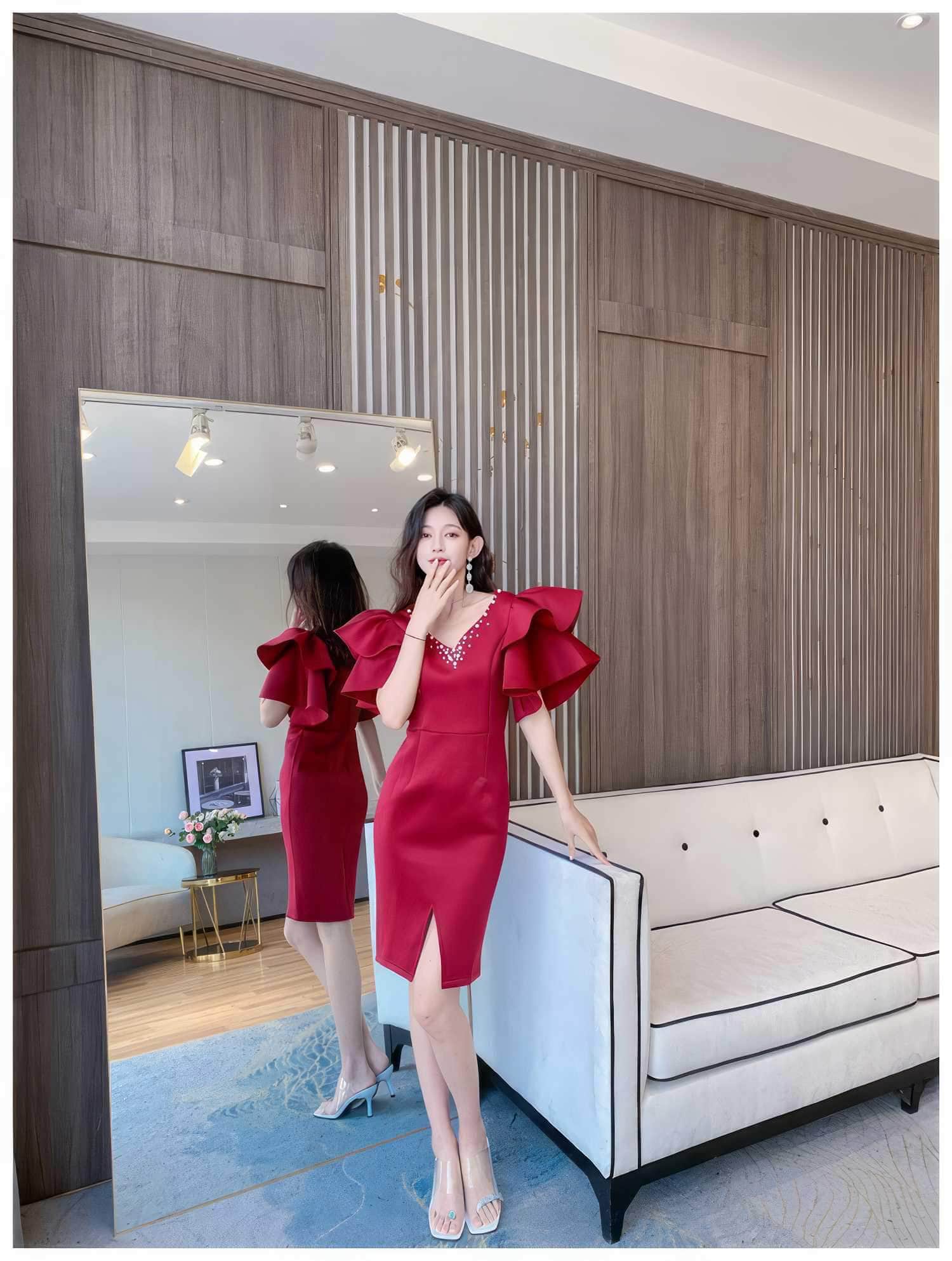 Bead-Embellished Butterfly Sleeve Split Thigh Dress
