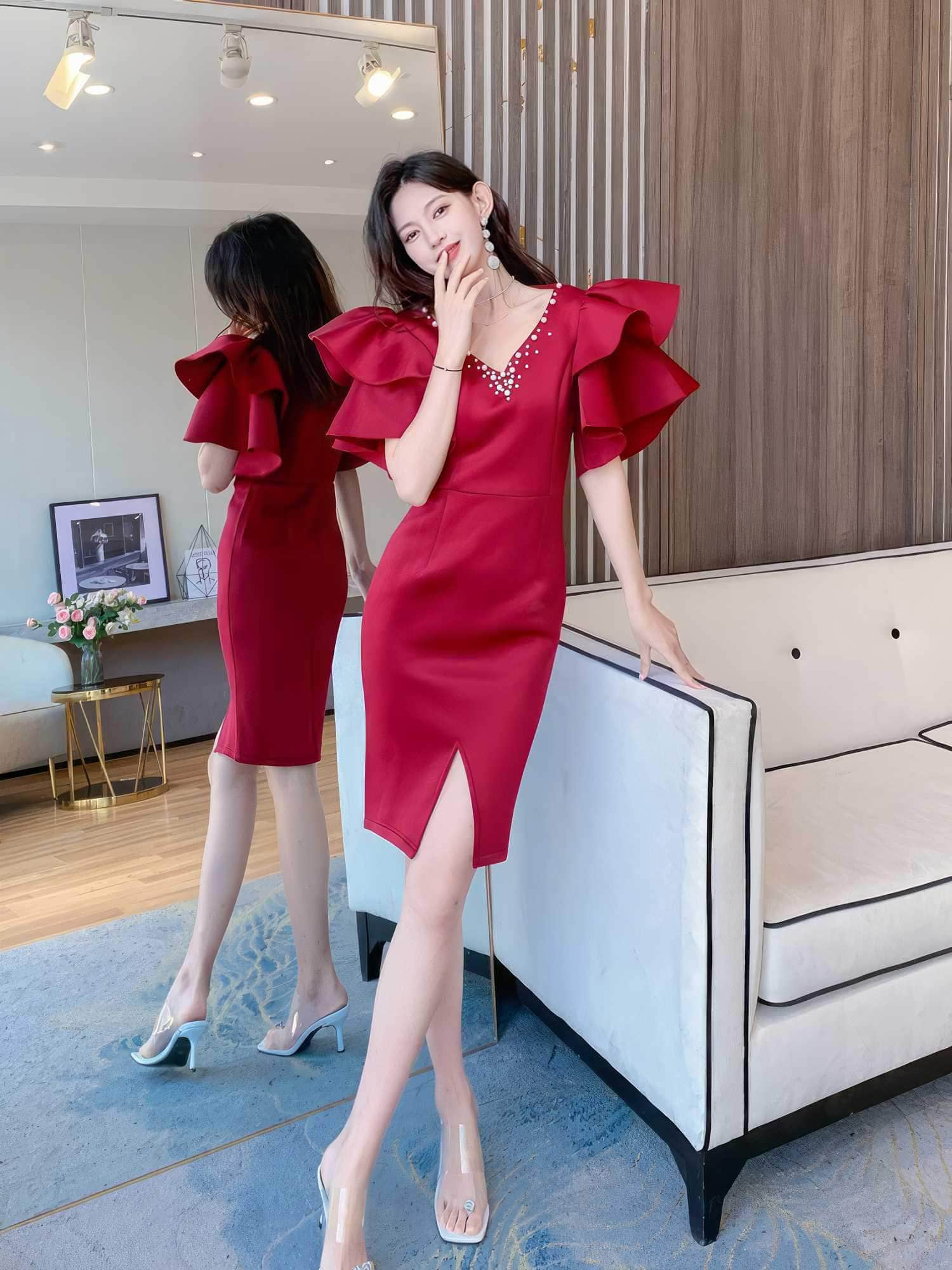 Bead-Embellished Butterfly Sleeve Split Thigh Dress