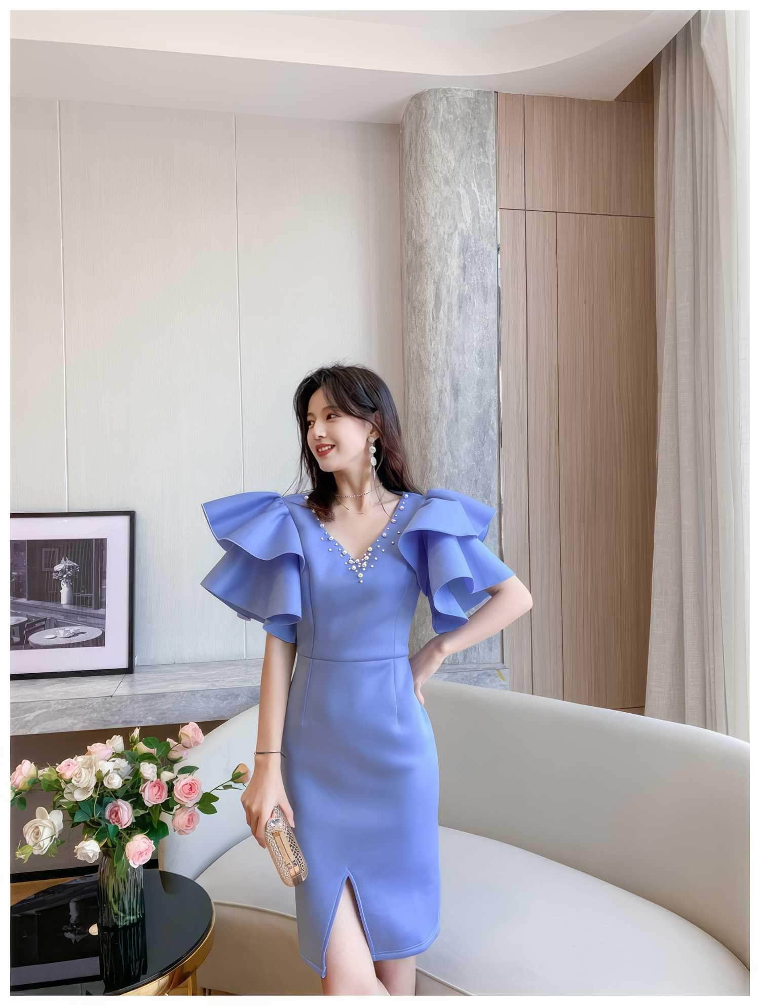 Bead-Embellished Butterfly Sleeve Split Thigh Dress