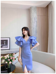 Bead-Embellished Butterfly Sleeve Split Thigh Dress