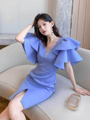 Bead-Embellished Butterfly Sleeve Split Thigh Dress