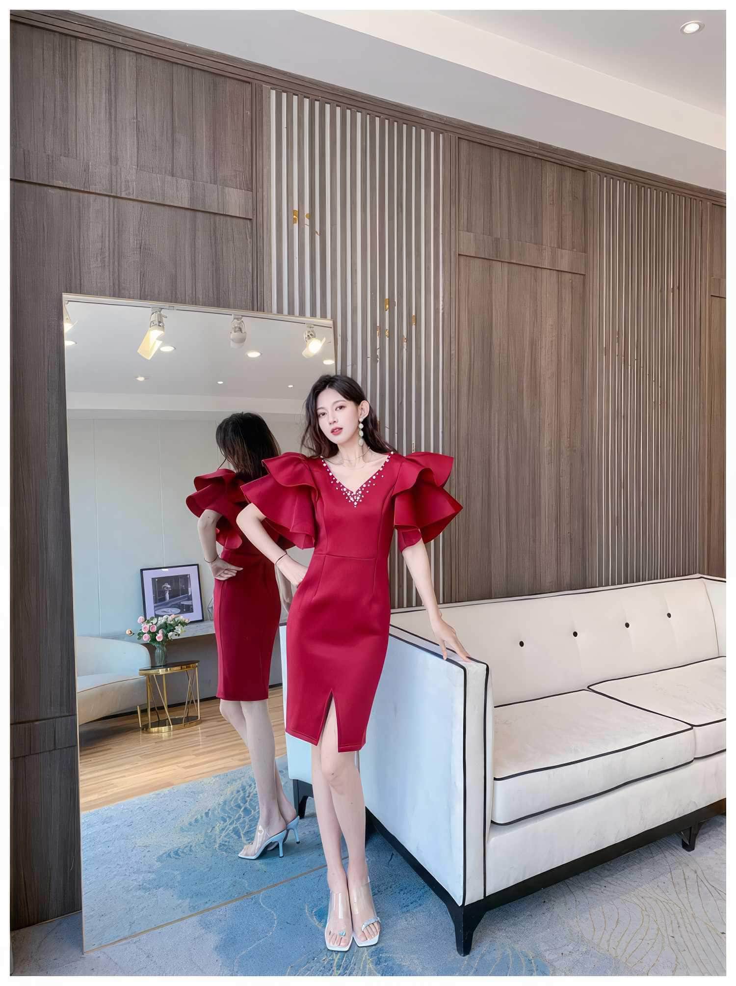 Bead-Embellished Butterfly Sleeve Split Thigh Dress