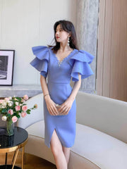 Bead-Embellished Butterfly Sleeve Split Thigh Dress M / Blue