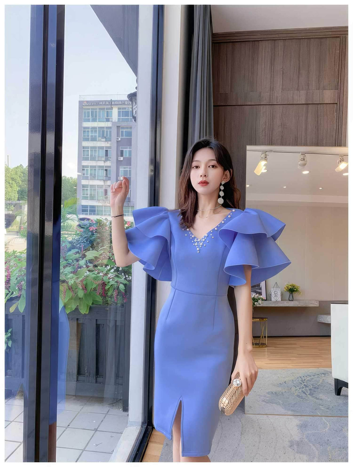 Bead-Embellished Butterfly Sleeve Split Thigh Dress S / Blue