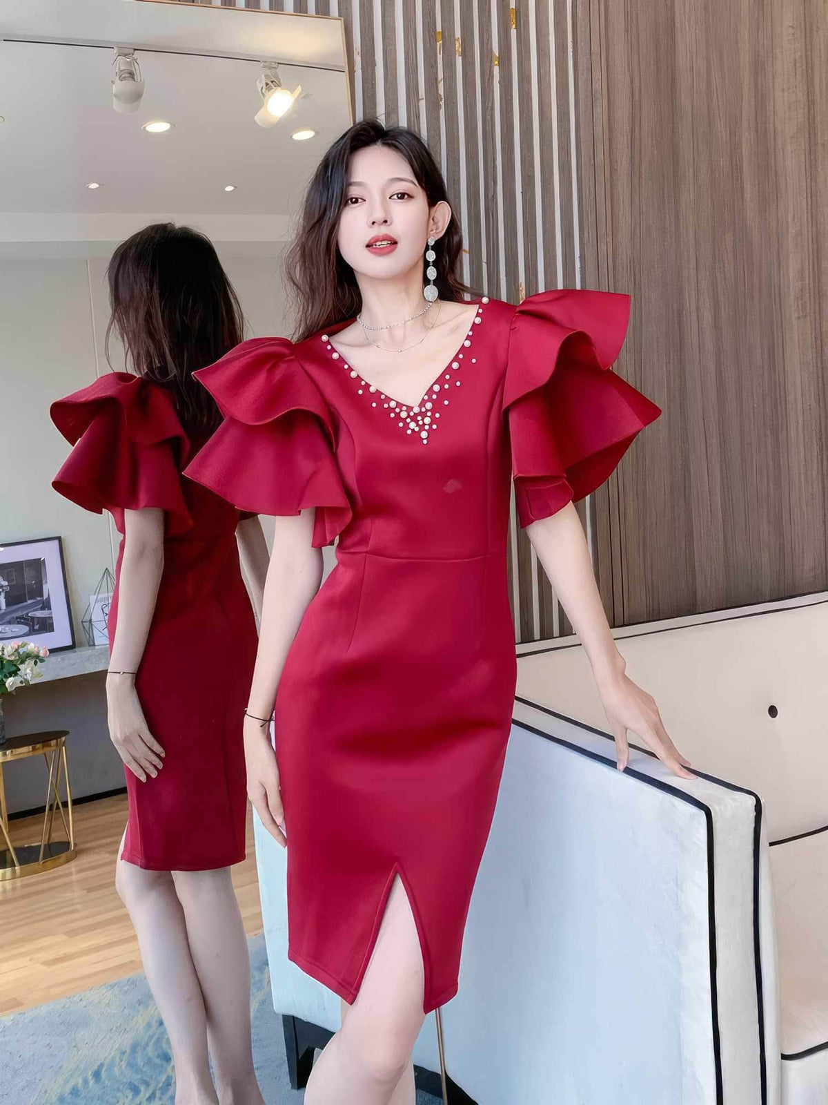 Bead-Embellished Butterfly Sleeve Split Thigh Dress S / DarkRed