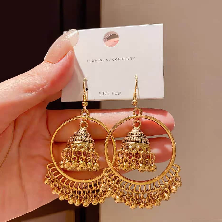 Beautiful Ethnic Gold Tone Jhumka Earrings with Delicate Engraving Gold
