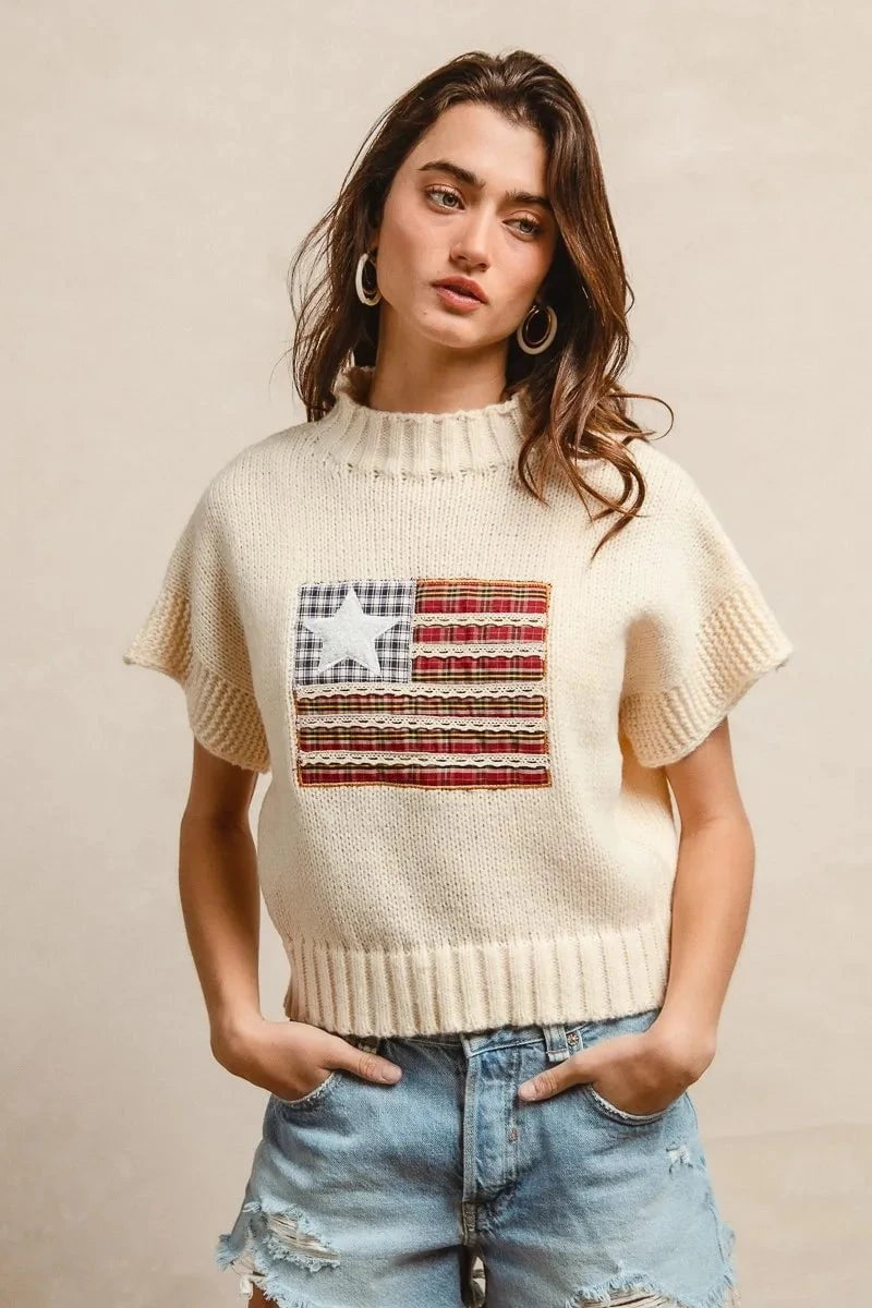 BiBi American Flag Patchwork Drop Shoulder Sweater