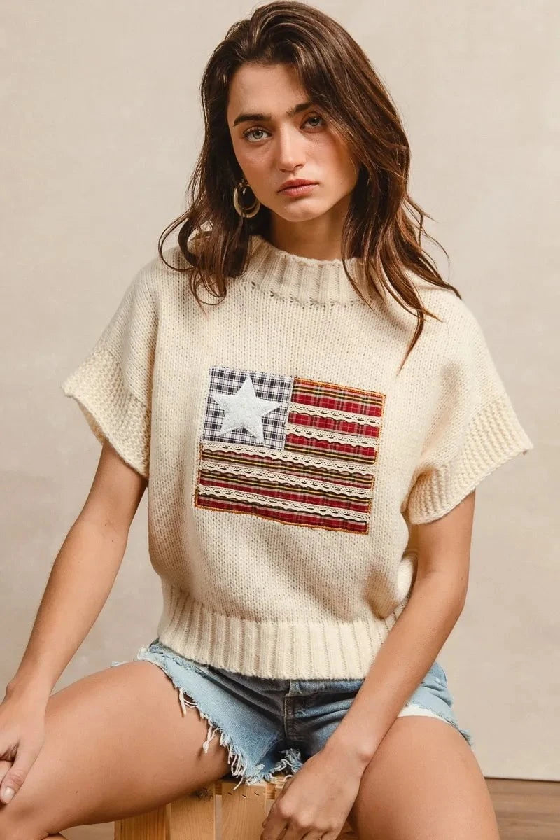 BiBi American Flag Patchwork Drop Shoulder Sweater OATMEAL / S