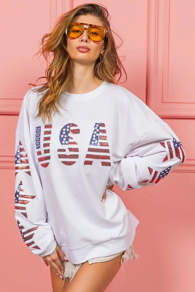 BiBi American Flag USA and Star Sequin Sweatshirt