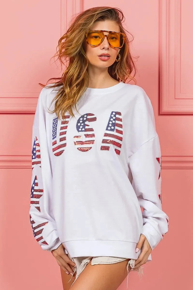 BiBi American Flag USA and Star Sequin Sweatshirt