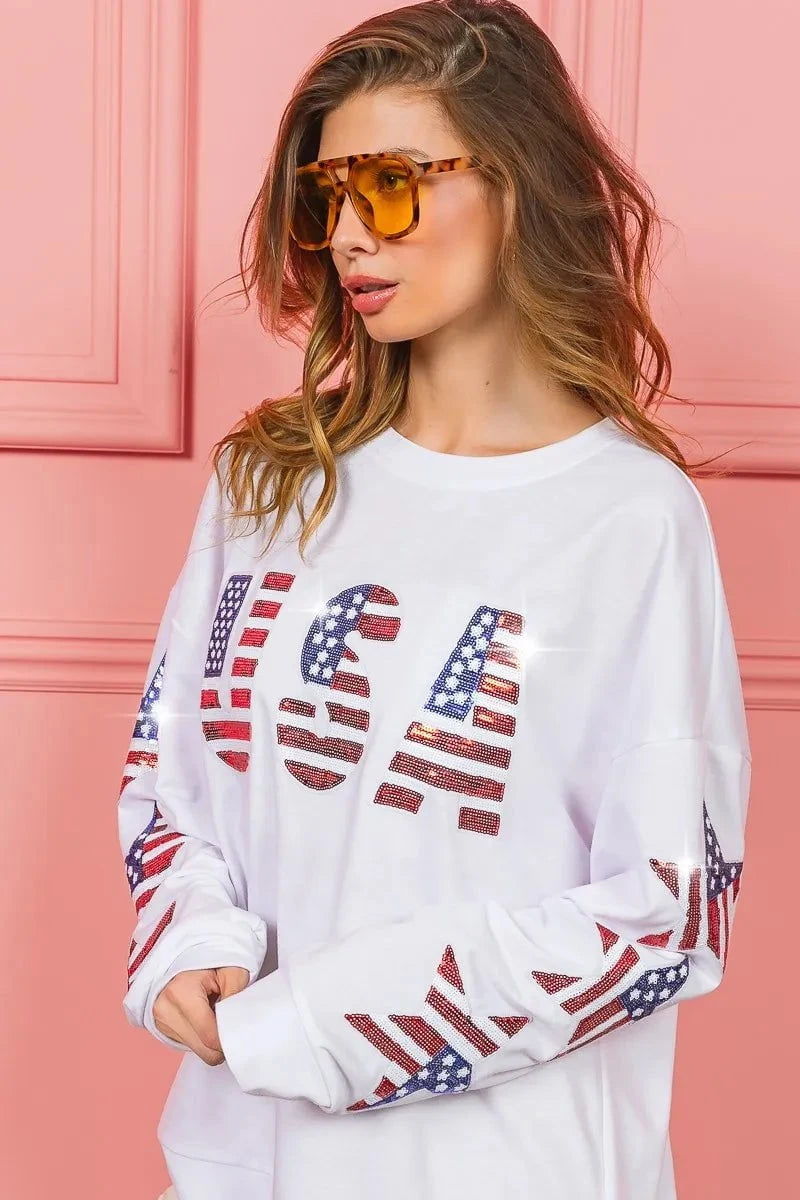 BiBi American Flag USA and Star Sequin Sweatshirt