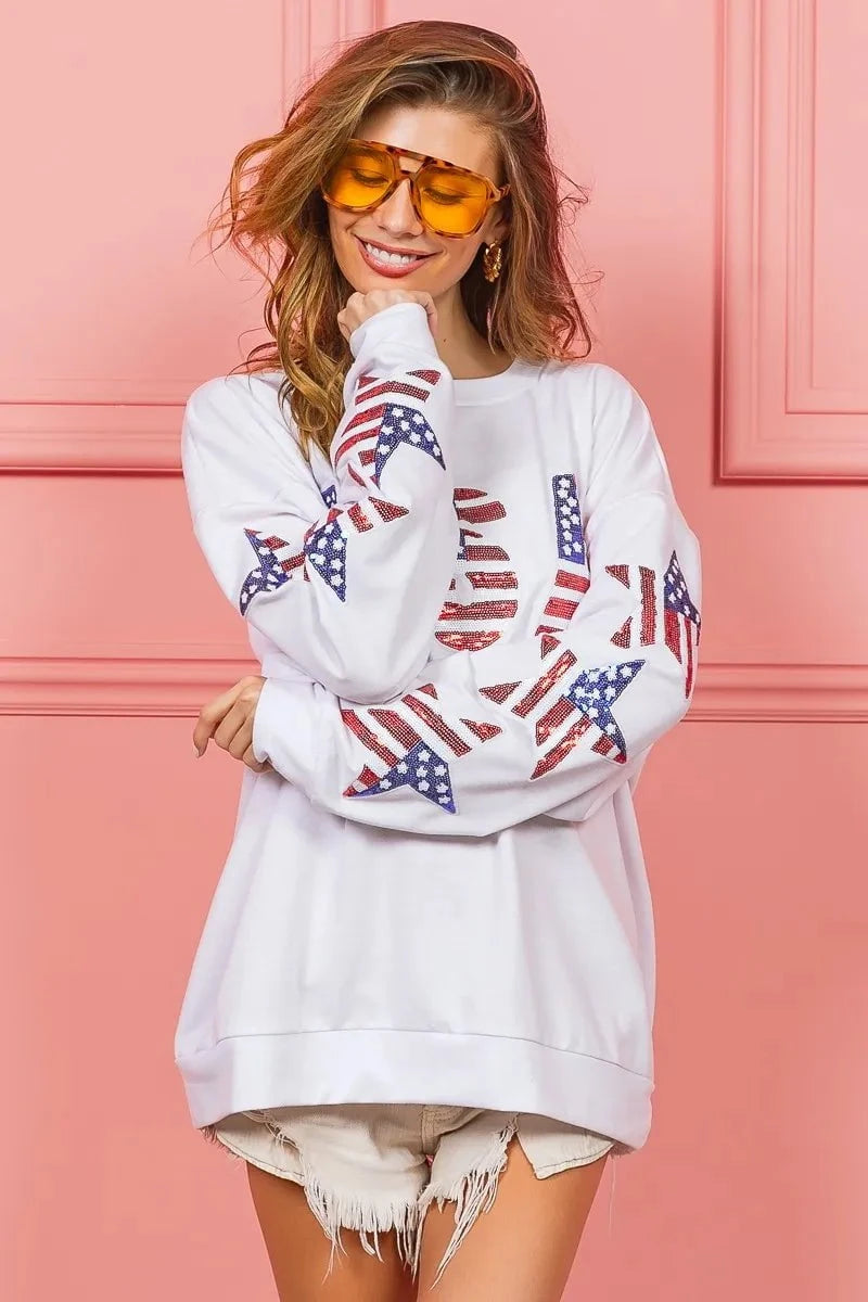 BiBi American Flag USA and Star Sequin Sweatshirt
