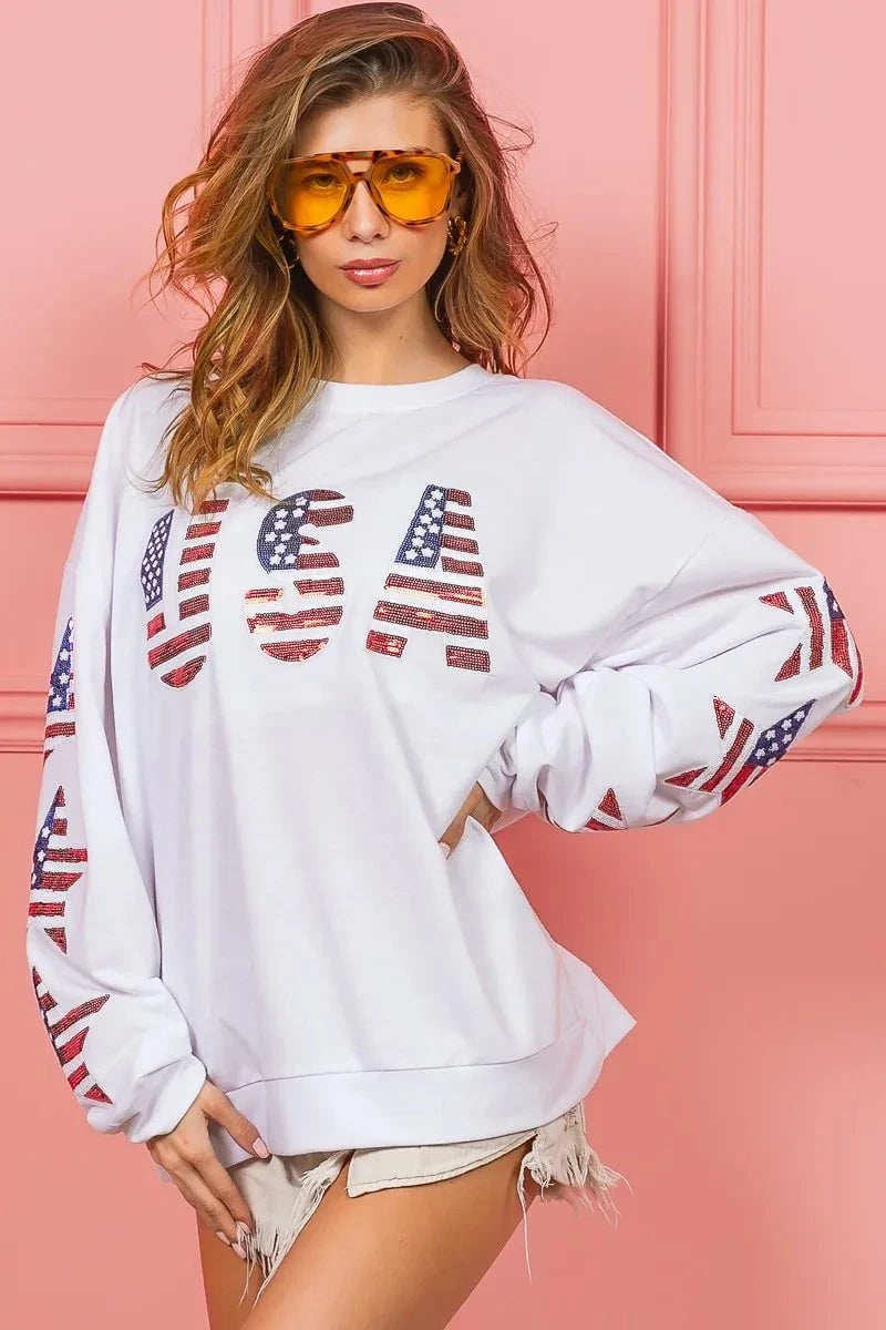 BiBi American Flag USA and Star Sequin Sweatshirt