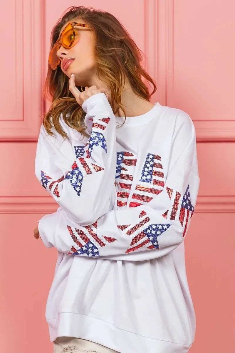 BiBi American Flag USA and Star Sequin Sweatshirt
