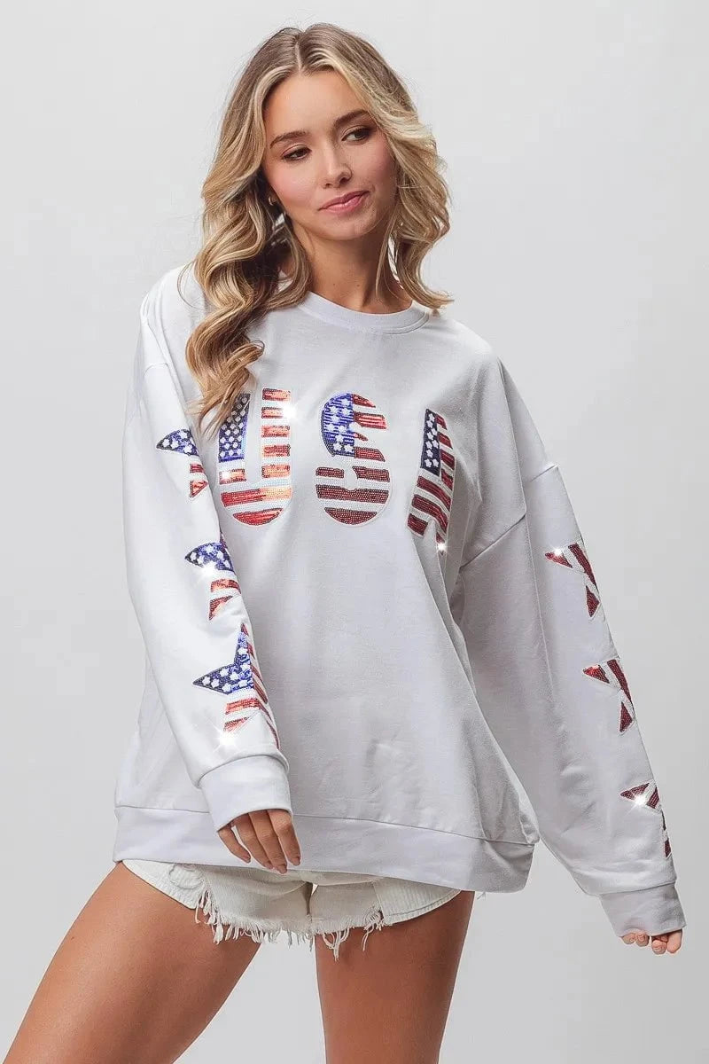 BiBi American Flag USA and Star Sequin Sweatshirt