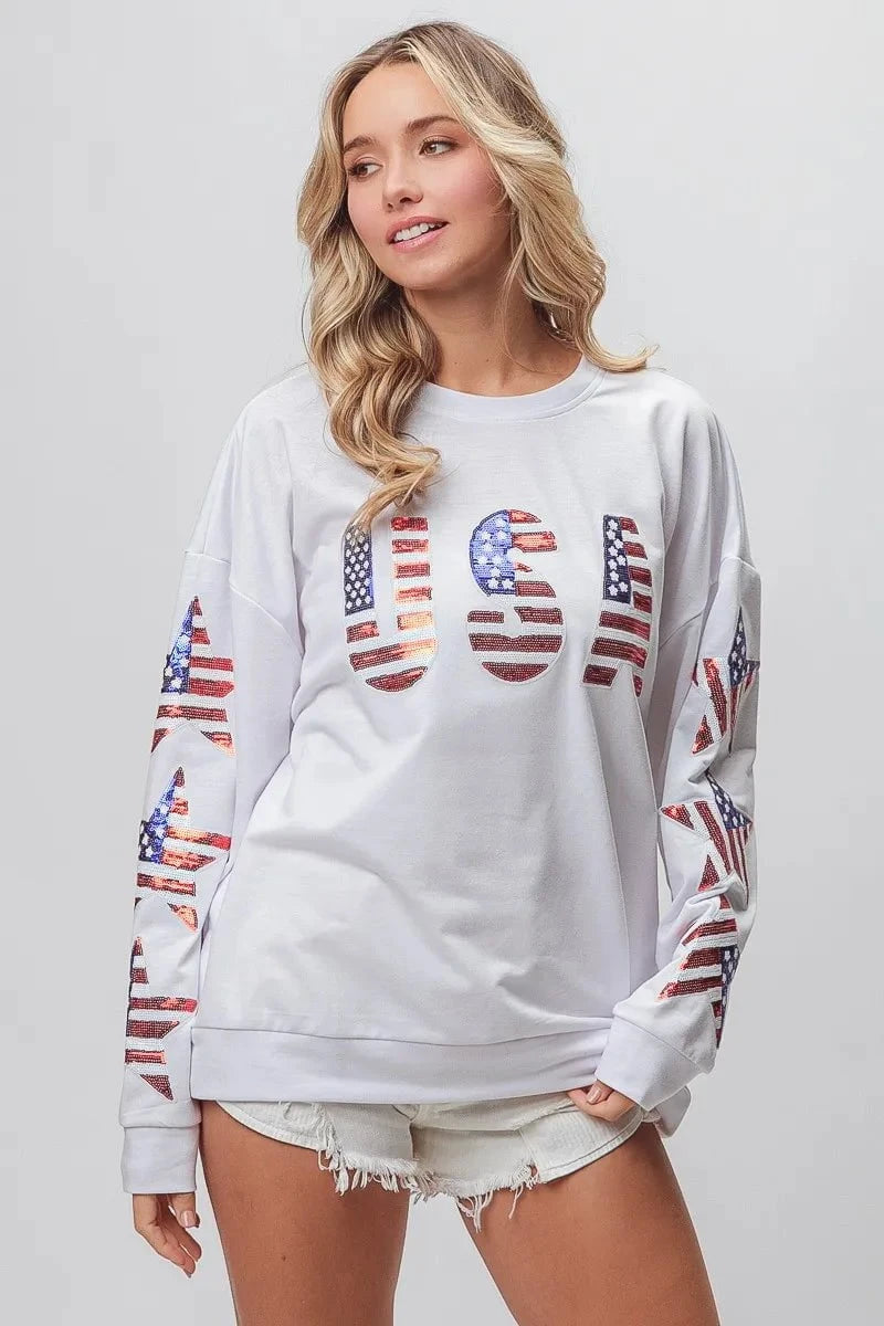 BiBi American Flag USA and Star Sequin Sweatshirt