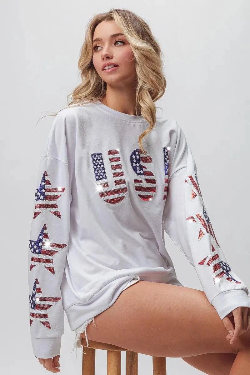 BiBi American Flag USA and Star Sequin Sweatshirt