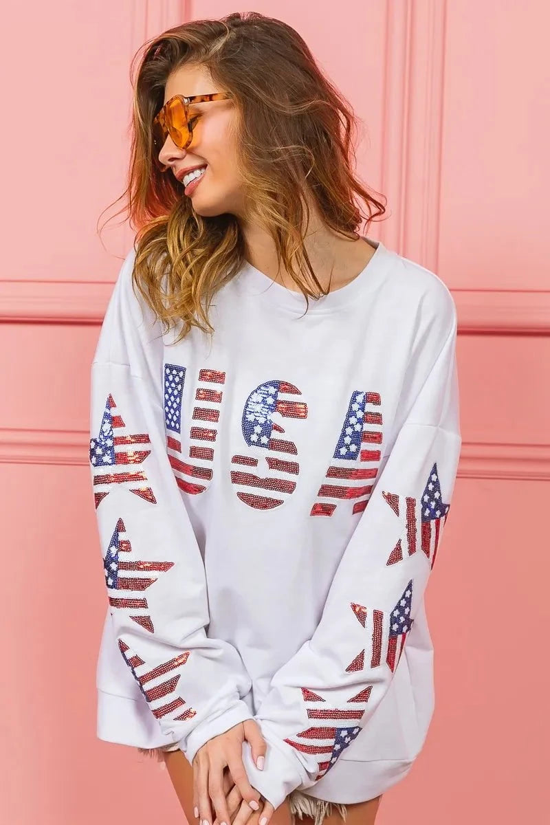 BiBi American Flag USA and Star Sequin Sweatshirt