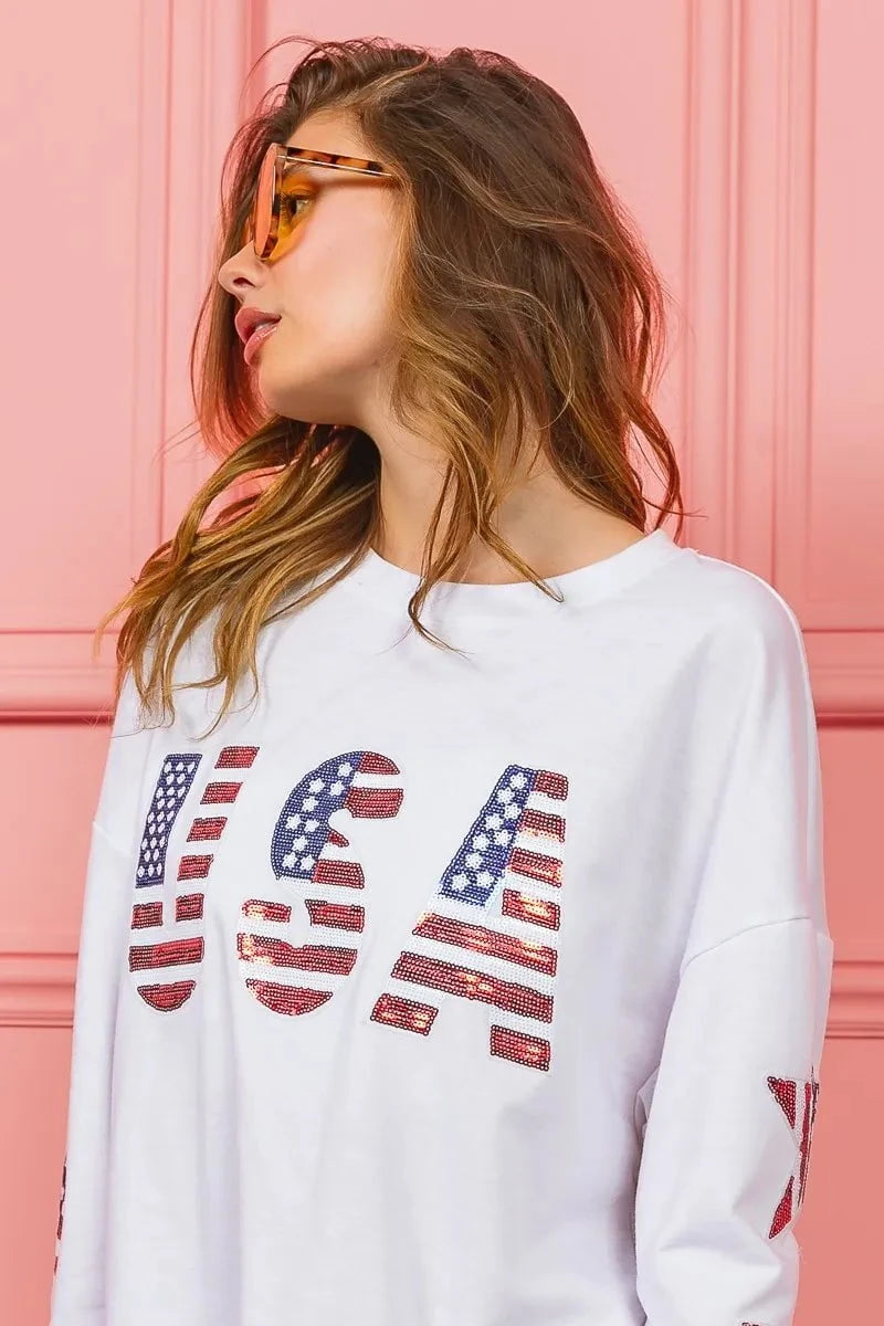 BiBi American Flag USA and Star Sequin Sweatshirt