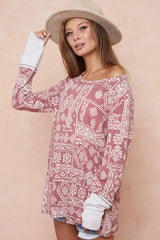 BiBi Aztec Print French Terry Top with Thumb Opening