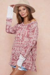 BiBi Aztec Print French Terry Top with Thumb Opening