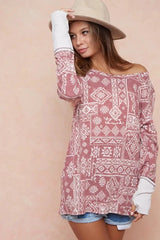BiBi Aztec Print French Terry Top with Thumb Opening