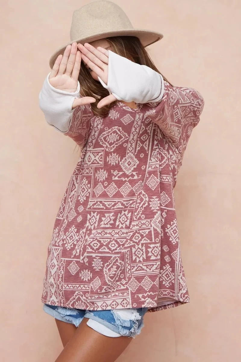 BiBi Aztec Print French Terry Top with Thumb Opening