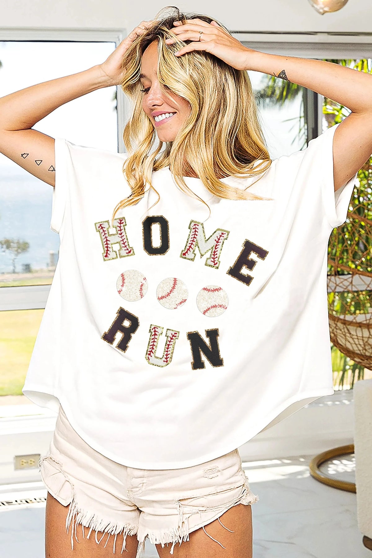 BiBi Baseballs Homerun Letter Washed Short Sleeve Top WHITE/BLACK / S