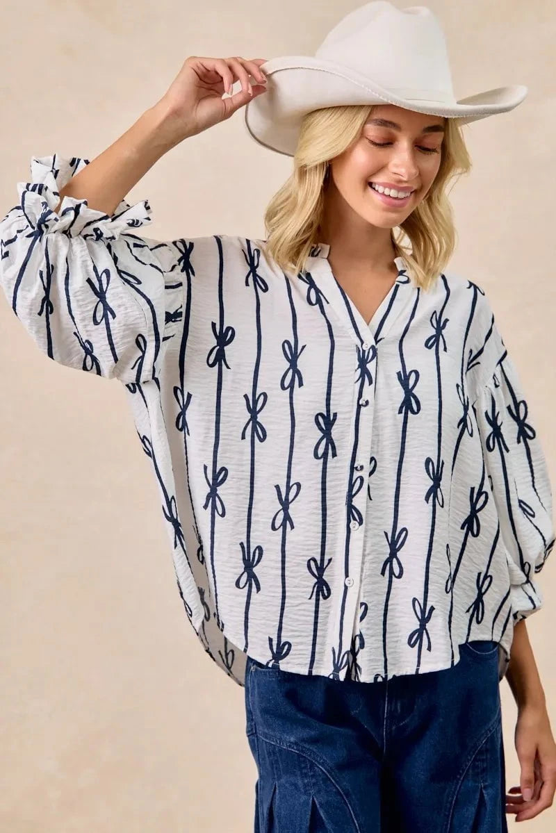 BiBi Bow Ribbon Printed Woven Bubble Sleeves Top