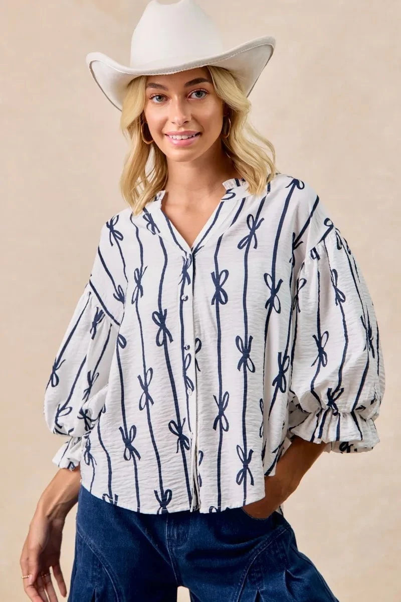BiBi Bow Ribbon Printed Woven Bubble Sleeves Top