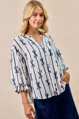 BiBi Bow Ribbon Printed Woven Bubble Sleeves Top OFF WHITE / S