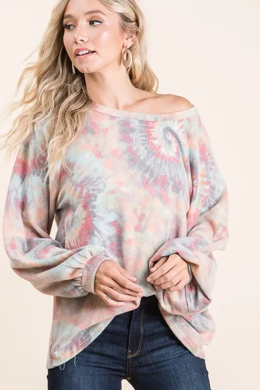 BiBi Brushed Tie Dye Print Top with Puff Sleeves