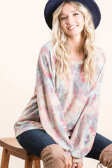 BiBi Brushed Tie Dye Print Top with Puff Sleeves